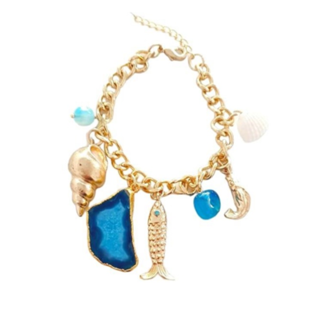 Shell and Fish Charm Bracelet with Turquoise Semi-Precious Stone and Pearl from Swarovski