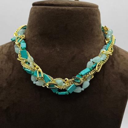 Turquoise Stone Multi-Row Twisted Necklace in Gold Finish