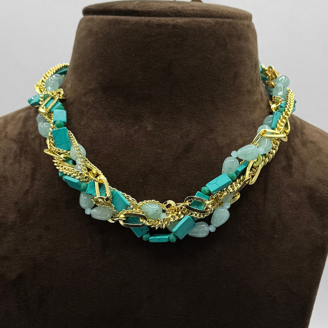 Turquoise Stone Multi-Row Twisted Necklace in Gold Finish
