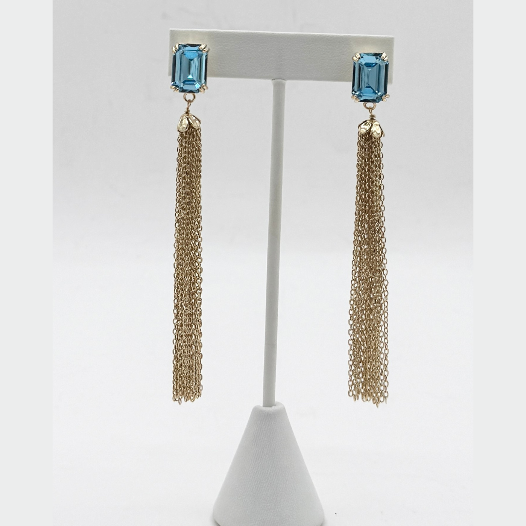 Aqua Glow Square Crystal Tassel Earrings