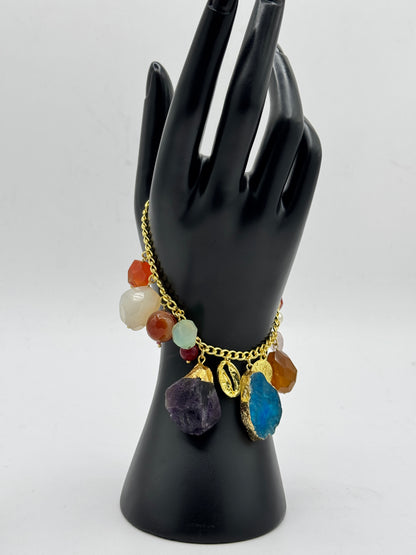 Amethyst Tumble Stone Charm Bracelet with Shell and Coin Charms in Gold Finish