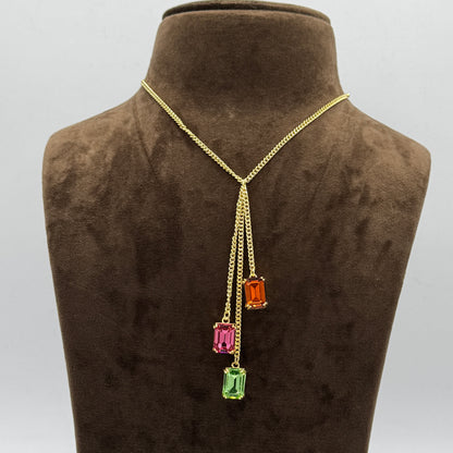 3 Stone Swarovski Stone  Necklace in  Square shape in Multi Colors.