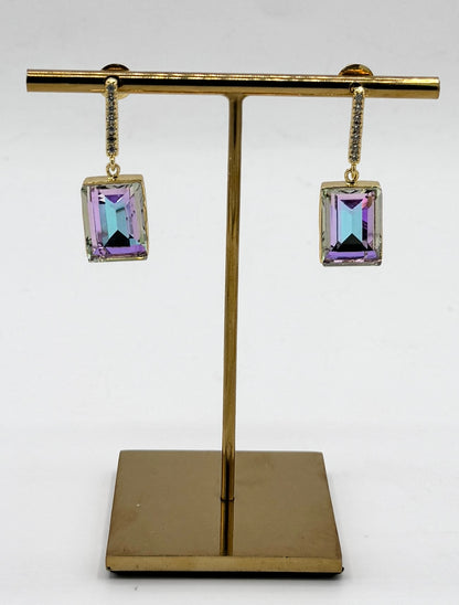 2-Stone Swarovski Crystal Elements Statement Square Shape CZ Drop Earrings in Light Amethyst & Light Gold Finish