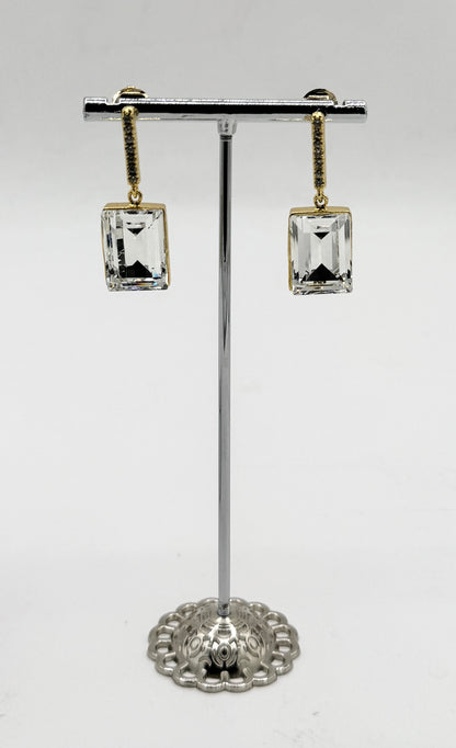 2-Stone Swarovski Crystal Elements Statement Square Shape CZ Drop Earrings in Light Amethyst & Light Gold Finish
