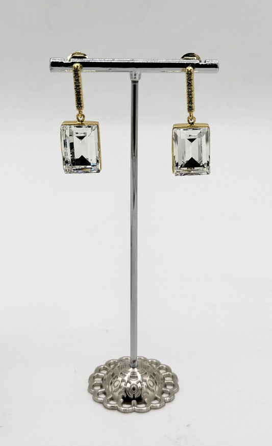 2-Stone Swarovski Crystal Elements Statement Square Shape CZ Drop Earrings in Light Amethyst & Light Gold Finish