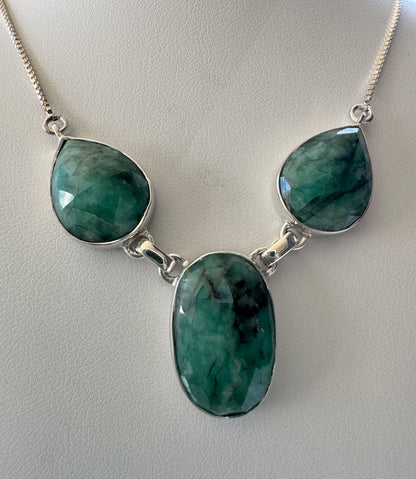 Emerald Stone Stone Necklace -.925 Sterling silver Rhodium Plated