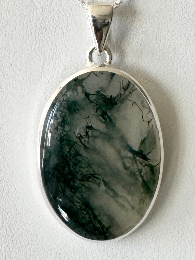 Oval Moss Agate Sterling Silver Pendant