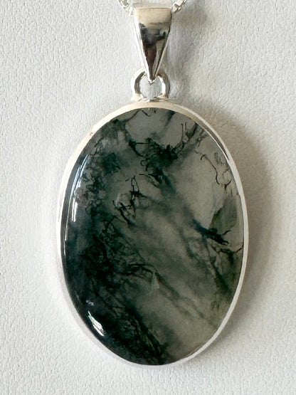 Oval Moss Agate Sterling Silver Pendant