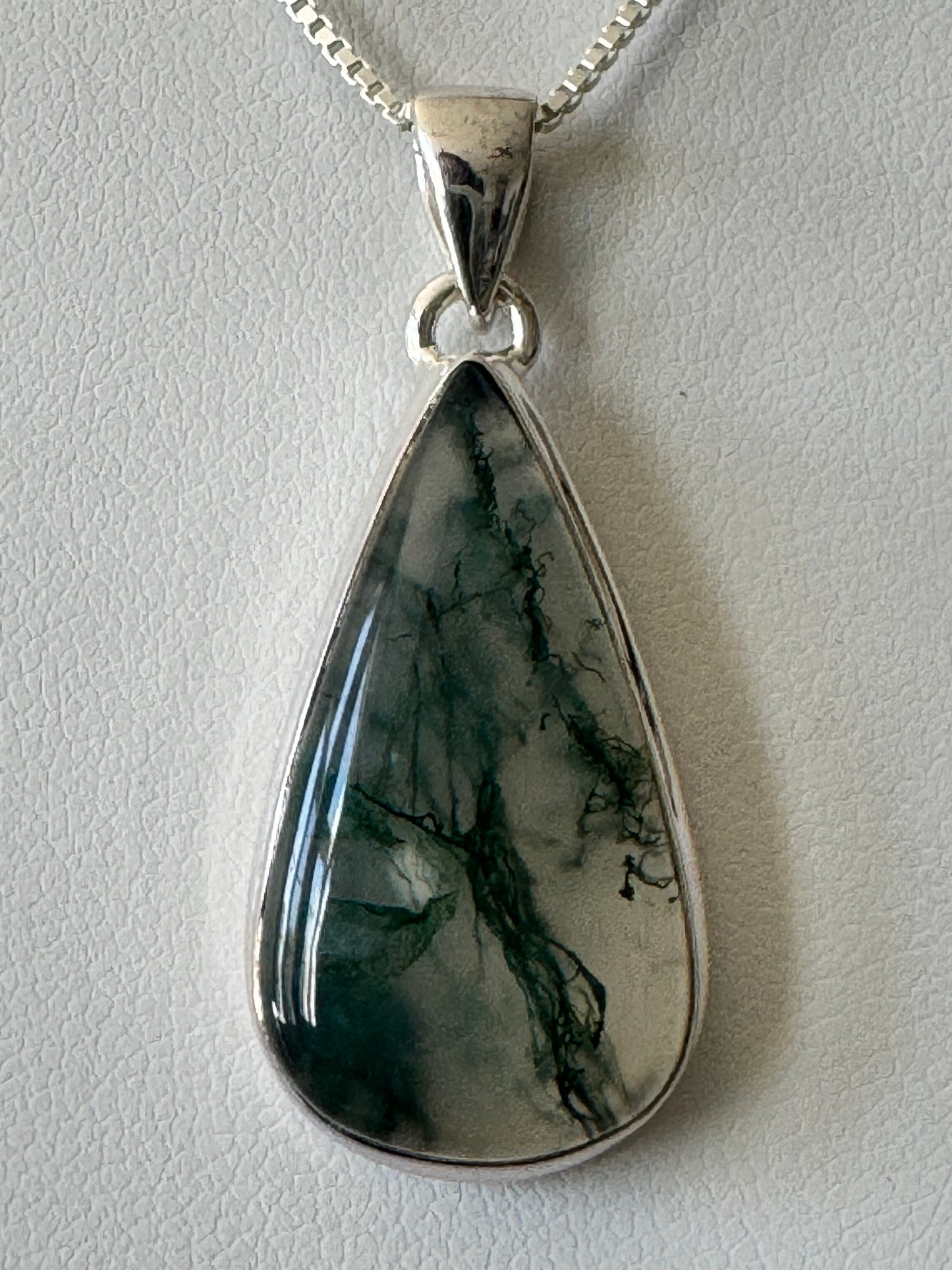 Teardrop Moss Agate Sterling Silver Pendant