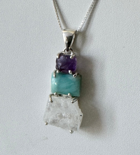 Amethyst, larimar, Rainbow moonstone Pendant