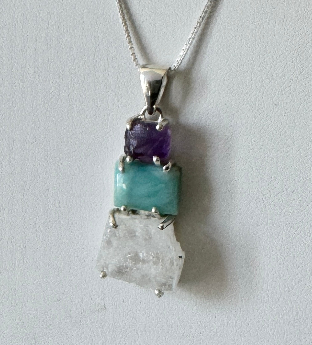 Amethyst, larimar, Rainbow moonstone Pendant
