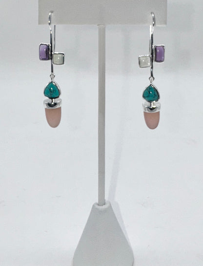 Sterling Silver Earrings With Aqua Chalcedony, Turquoise, Labradorite & black Onyx