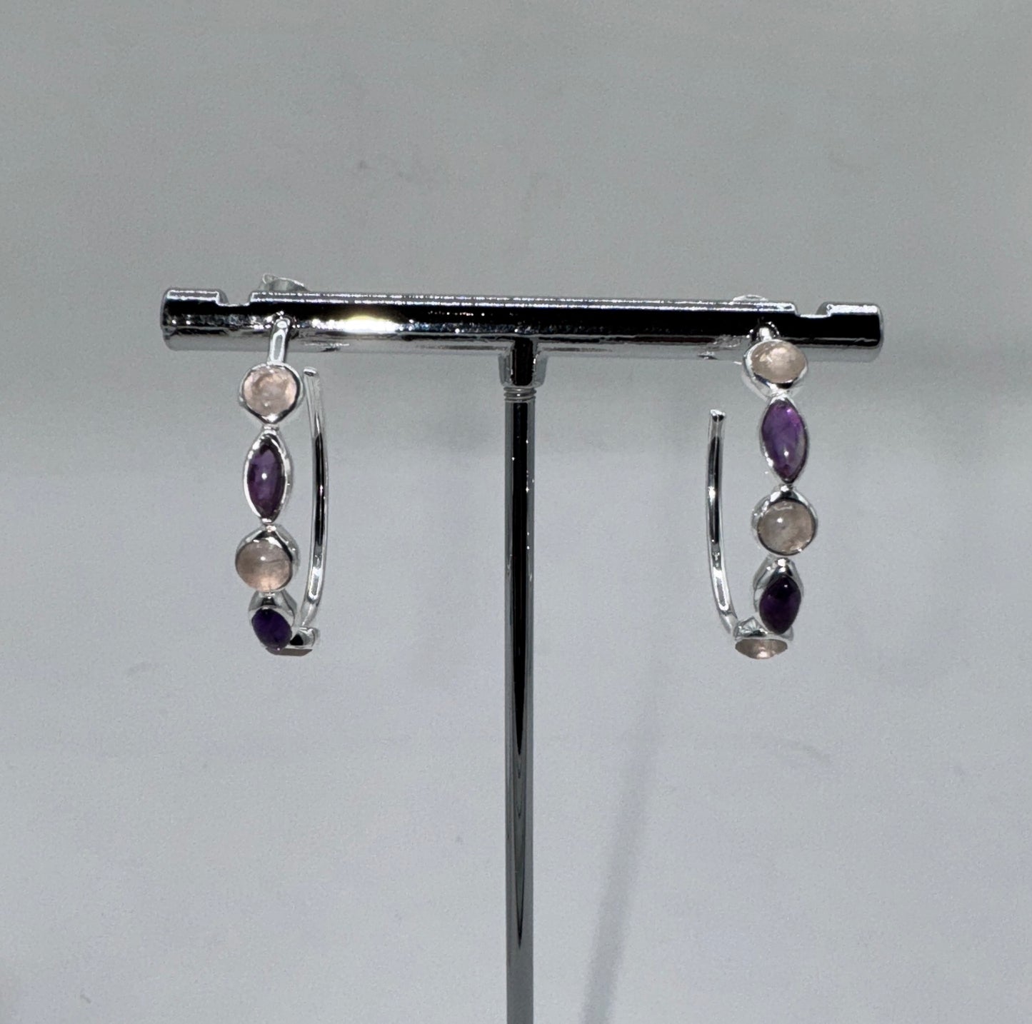 Sterling Silver Earrings with Amethyst, Rose Quartz, and Onyx