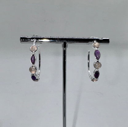 Sterling Silver Earrings with Amethyst, Rose Quartz, and Onyx