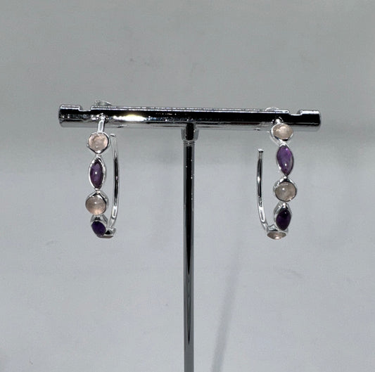 Sterling Silver Earrings with Amethyst, Rose Quartz, and Onyx