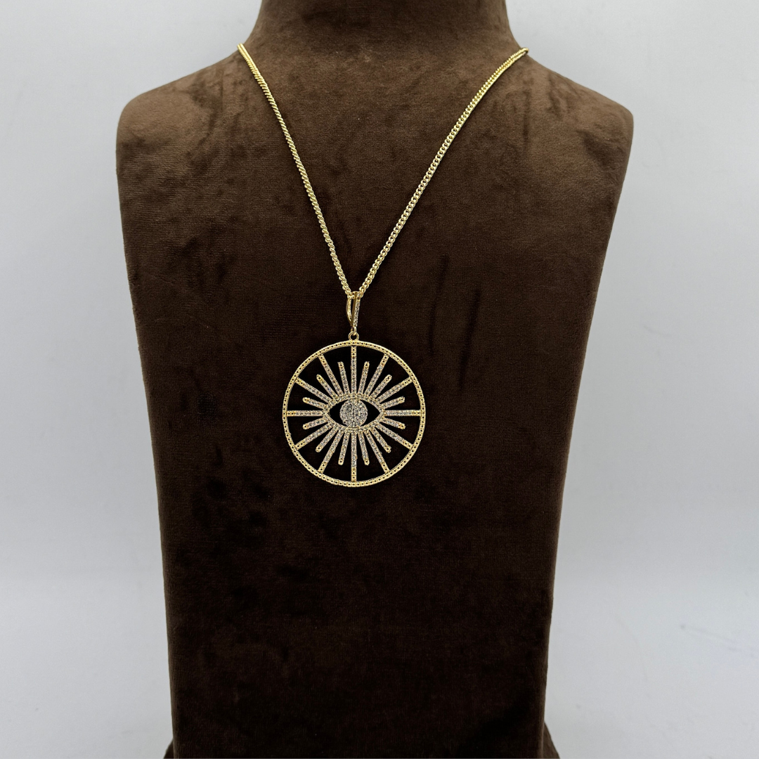 Large Evil Eye CZ Stones Brass Pendant Necklace