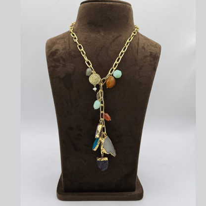 Semi Precious Stone Multi Agate Stones “Y“ shape Charm Statement  Necklace in Gold Metal Finish