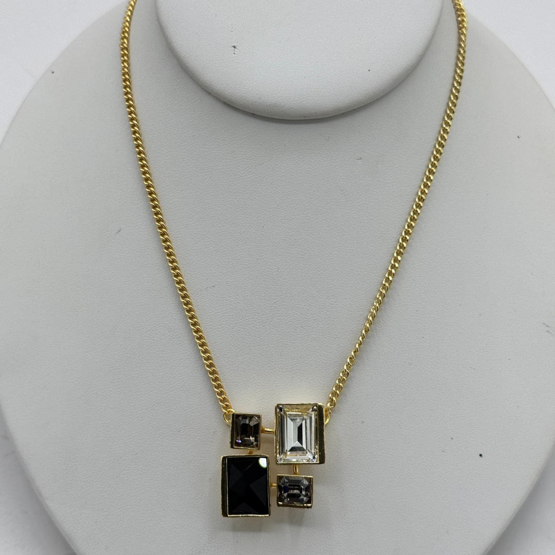 Swarovski Jet Crystal Brass 4 Stone Pendant Necklace