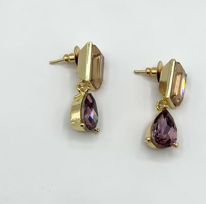 Golden Shadow & Amethyst Swarovski Crystal 4-Stone Earrings in Light Gold Finish