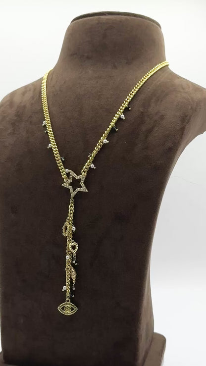 Evil-Eye Star CZ Charm Y Necklace in Brass Light Gold Finish