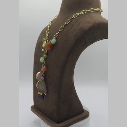 Semi Precious Stone Multi Agate Stones “Y“ shape Charm Statement  Necklace in Gold Metal Finish