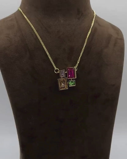 Multi-Color 4-Stone Swarovski Crystal Brass Pendant Necklace in Light Gold Finish