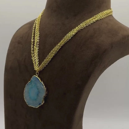 Large Agate Stone Layered Necklace with Brass Chain in Gold Finish