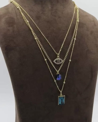 Swarovski Crystal 3-Stone Evil Eye Pendant Layer Necklace in Light Gold Finish