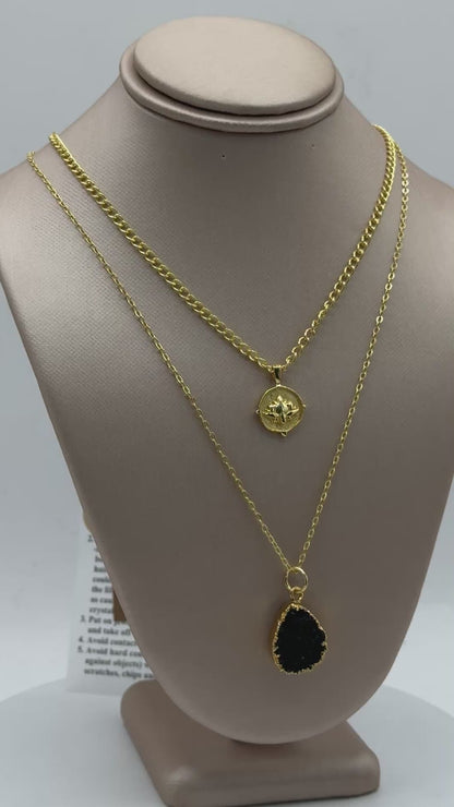 Semi-Precious Black Onyx Stone Necklace with Brass Charm