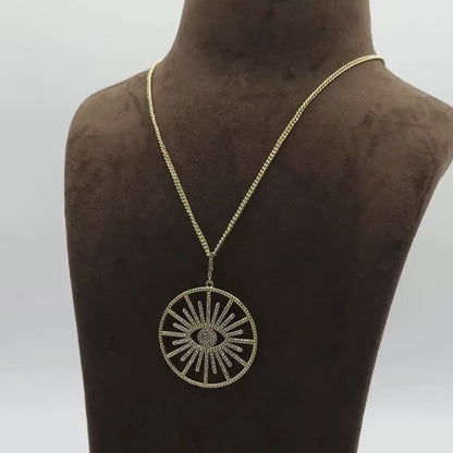 Large Evil Eye CZ Stones Brass Pendant Necklace with 18K Gold Finish