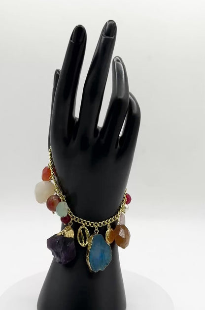 Amethyst Tumble Stone Charm Bracelet with Shell and Coin Charms in Gold Finish