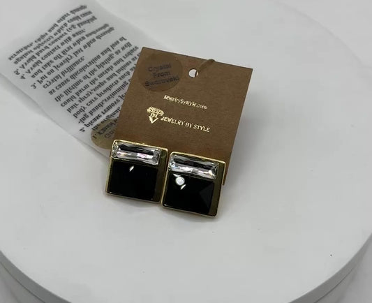 Crystal Brass 2-Stone Earrings in Jet & Crystal with Light Gold Finish