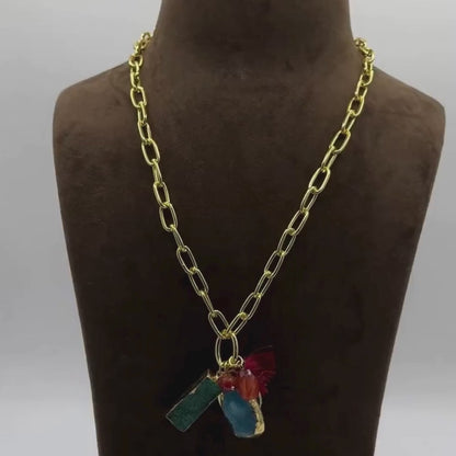 Multi-Agate Charm Necklace with Tassel in Gold Finish
