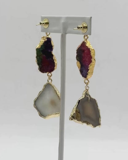 Semi-Precious Agate Stone Drop Earrings in Gold Finish
